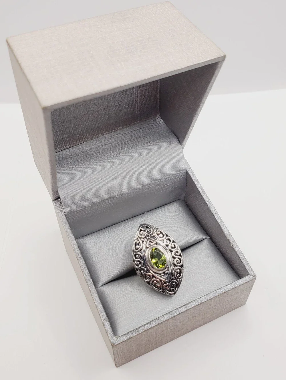 Oval Bezel Set Genuine Peridot 925 Sterling Silver Scroll Statement Ring
